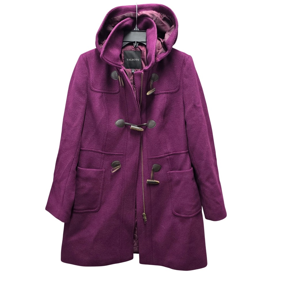 Talbots Womens Plum Purple Wool Blend Thinsulate Hooded Toggle Duffle Coat Sz 8